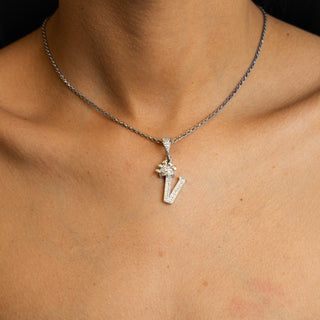 NTF CZ Initial “V” Pendant Rope Chain – 925 Sterling Silver Rhodium Finished