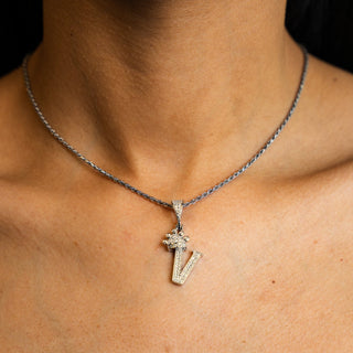 NTF CZ Initial “V” Pendant Rope Chain – 925 Sterling Silver Rhodium Finished