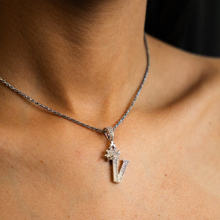 NTF CZ Initial “V” Pendant Rope Chain – 925 Sterling Silver Rhodium Finished