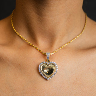 NTF CZ Heart Picture Pendant Rope Chain – 925 Sterling Silver 14K Gold Finished