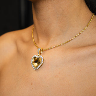 NTF CZ Heart Picture Pendant Rope Chain – 925 Sterling Silver 14K Gold Finished
