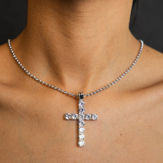 NTF CZ Cross Pendant Moon‑Cut Chain – 925 Sterling Silver Rhodium Finished