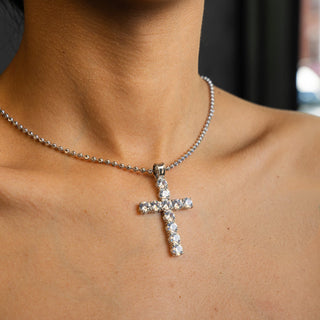 NTF CZ Cross Pendant Moon‑Cut Chain – 925 Sterling Silver Rhodium Finished