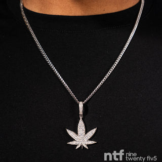 SOLID CUBAN CHAIN + WEED PENDANT – WHITE GOLD | 3.5MM