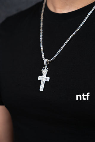 NTF Men’s Ice-Cut Chain with Crown Cross Pendant – Full CZ & Baguette Accents