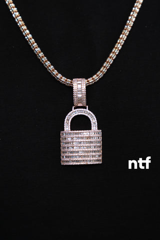 NTF Men’s Rose Gold Ice-Cut Chain, Baguette Lock Pendant & Ice-Cut Bracelet Set