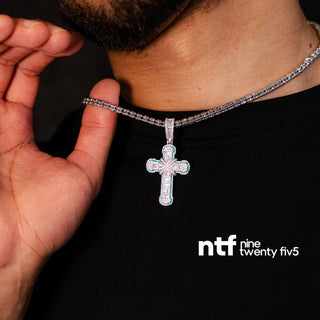 Cross Pendant Ice Chain - White Gold with Blue Enamel Detail