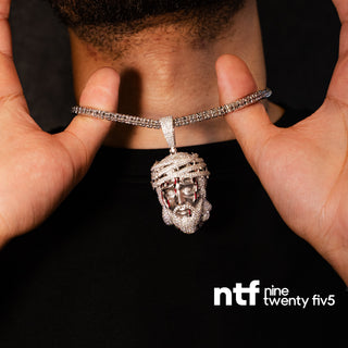 Jesus Face Pendant Ice Chain - White Gold with Enamel Detail